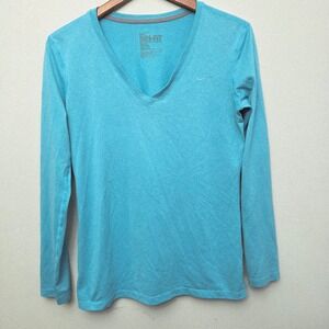 Nike Dri-FIT Shirt Women Medium Blue V-Neck Long Sleeve Athletic Sporty